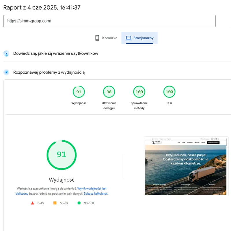 Mój wynik SEO w Google wynosi obecnie 100% na wszystkich urządzeniach. A dziś sama zadzwoniła do mnie duża spedycja z ofertą transportów stali, bo sprawdzili mnie online.